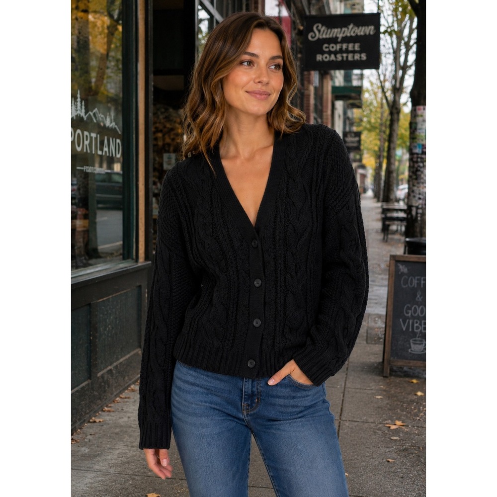 Bonnie Evans Cable Knit Cardigan Sweater Womens L Black Grandpa Cottagecore Cozy